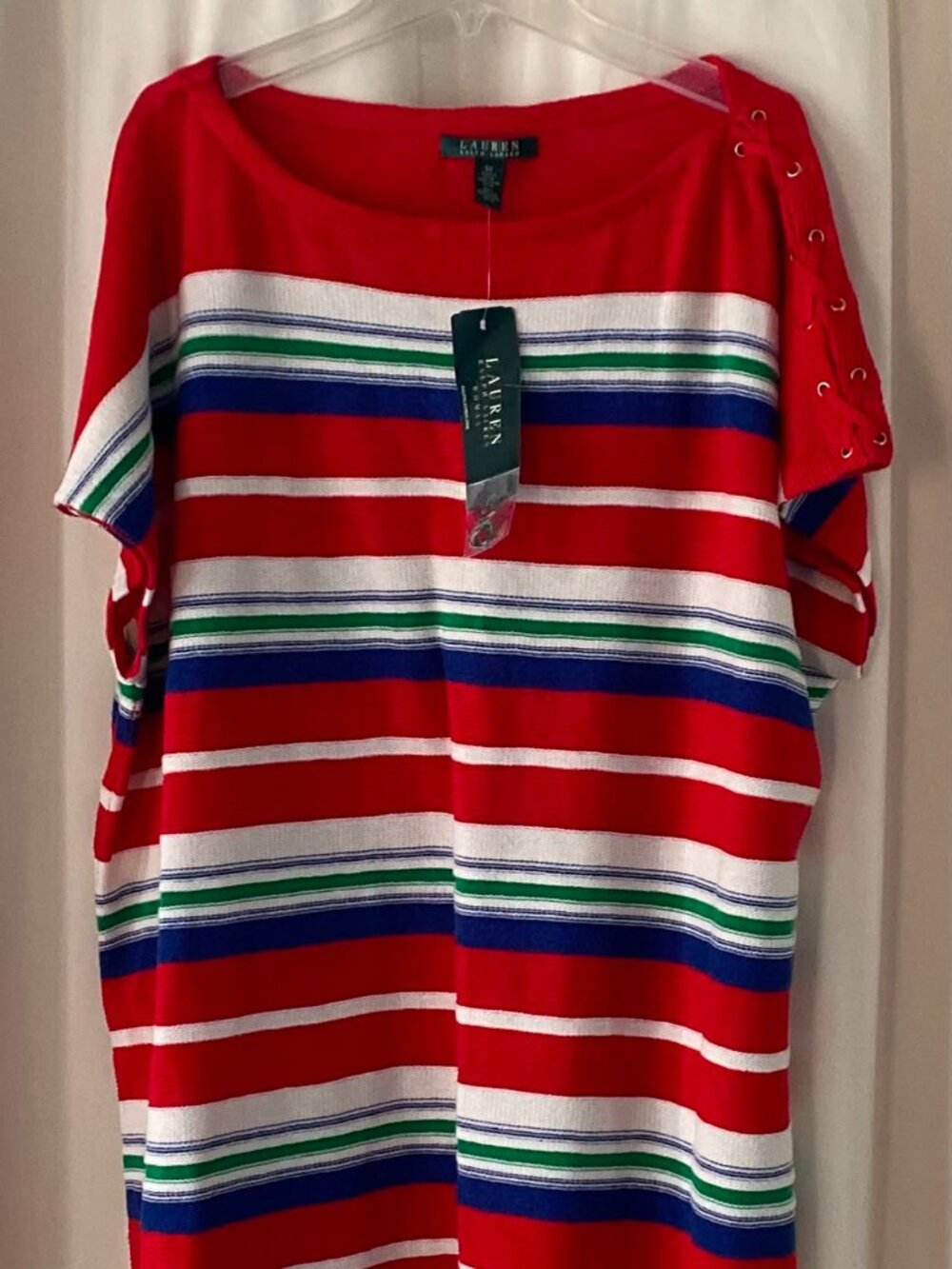 LRL Women’s 3X Striped Knit Top Red Multicolor Short Sleeve Lace-Up Shoulder NWT